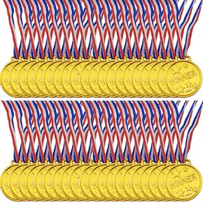 52PCS Gold Plastic Winner Award Medals with Ribbon Necklaces for Sports,Games,Competition,Students Rewards,Talent Show,Parties,Party Favors or Decor