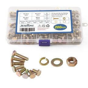 52PCS M10 x 16/20/25/30/35mm Hex Head Screws Bolts and Nuts Flat & Lock Washers Assortment Kit，Alloy Steel Grade 8.8，Yellow Zinc Plated，Replacement Fastener Screws，Fully Threaded
