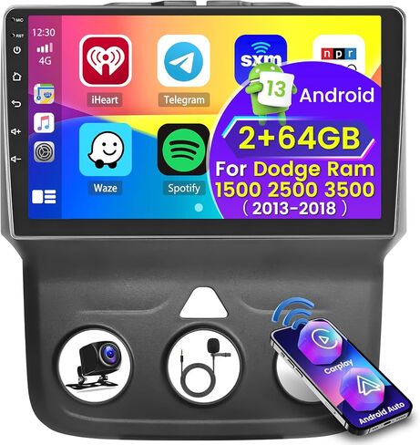 ترقية راديو Roinvou 8 النوى 6+128G Android لـ Dodge Ram 1500 2500 3500 2013-2018، شاشة لمس عالية الدقة 9 بوصة مع CarPlay اللاسلكي Android Auto GPS Navigation WiFi Backup Camera Mirror Link BT Mic FM RDS in Saudi Arabia