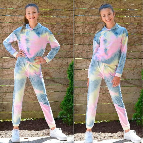 Greatchy Girls Clothes Tie Dye Sweatshirt Hoodies Pullover Tracksuit Sweatsuits Set Outfits Pants Sweatpants With Pockets in Saudi Arabia