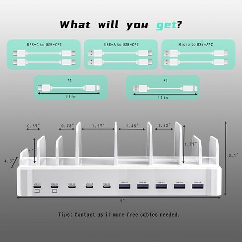 Zobirez 420W 10-Port Fast USB Charging Station for Multiple Devices, Black | USB-C 1 & 2: Dual 65W Laptop Charging; 3x45W and 5x30W Ports for Phones, Tablets & Accessories; Includes 10 Cables in Saudi Arabia