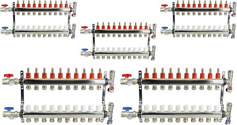صمام خط الوسط NQT110-5 PEX مشعب 1/2 بوصة لنظام التدفئة المشع؛ مع الصمامات، والفتحات، وأجهزة القياس، وأقواس التثبيت؛ الفولاذ المقاوم للصدأ. 10 منافذ (5 عبوات) in Saudi Arabia