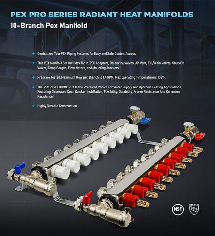 صمام خط الوسط NQT110-5 PEX مشعب 1/2 بوصة لنظام التدفئة المشع؛ مع الصمامات، والفتحات، وأجهزة القياس، وأقواس التثبيت؛ الفولاذ المقاوم للصدأ. 10 منافذ (5 عبوات) in Saudi Arabia