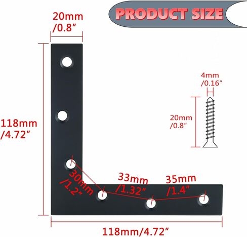 Alise L Flat Brackets,Corner Bracket Black Corner Brace Mending Plate Repair 120mm x 120mm Stainless Steel Flat Braces for Wood Tables, Chairs, Sofas, Beds, Cabinets, Doors and Windows,Pack of 8 in Saudi Arabia