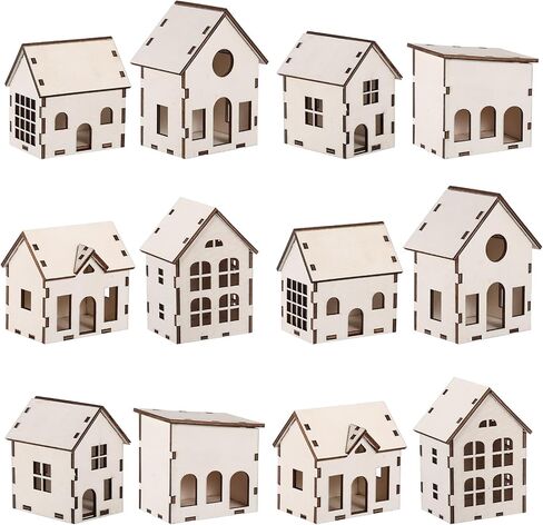 Hiboom 12 Pieces DIY Christmas Village Sets Wood Village Houses for Kids Adult Christmas Mini Wooden House Crafts Gift for Winter Xmas Party Decorations in Kuwait
