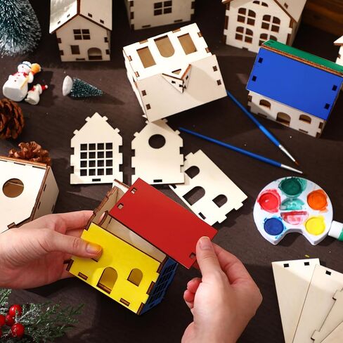 Hiboom 12 Pieces DIY Christmas Village Sets Wood Village Houses for Kids Adult Christmas Mini Wooden House Crafts Gift for Winter Xmas Party Decorations in Kuwait