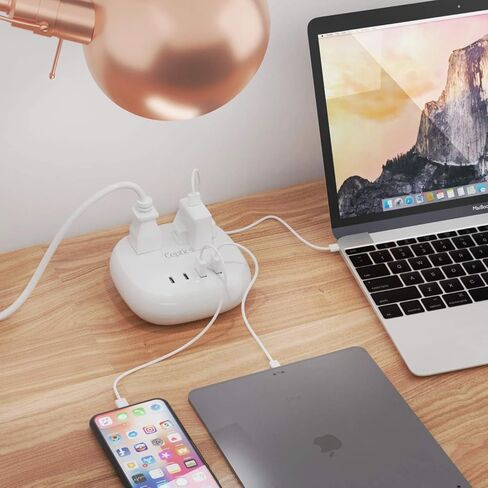 Ceptics USB Power Strip - Surge Protection - Small & Compact Travel Size - Grounded Dual USB + USB-C - Input - Powerful 21W Total, Charging Hub Station, 5 Feet Cord in Kuwait