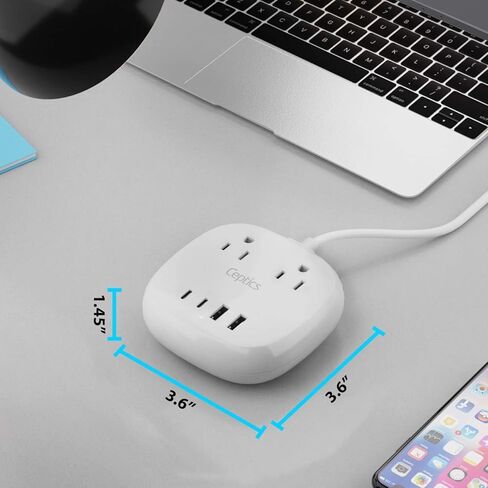 Ceptics USB Power Strip - Surge Protection - Small & Compact Travel Size - Grounded Dual USB + USB-C - Input - Powerful 21W Total, Charging Hub Station, 5 Feet Cord in Kuwait