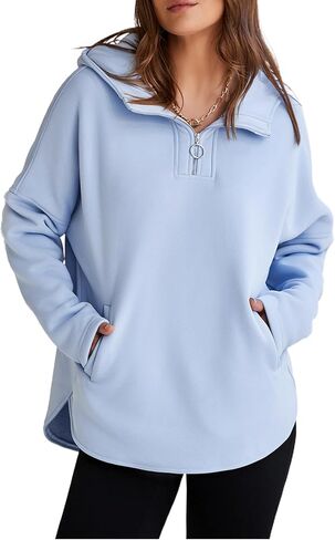 BLENCOT المرأة عادية الربع البريدي كنزة قطيفة كم طويل نصف سستة بلوزات مقنعين ملابس الخريف العصرية مع جيوب in Kuwait