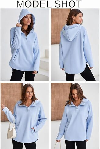 BLENCOT المرأة عادية الربع البريدي كنزة قطيفة كم طويل نصف سستة بلوزات مقنعين ملابس الخريف العصرية مع جيوب in Kuwait