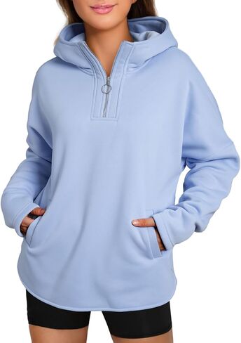 BLENCOT المرأة عادية الربع البريدي كنزة قطيفة كم طويل نصف سستة بلوزات مقنعين ملابس الخريف العصرية مع جيوب in Kuwait