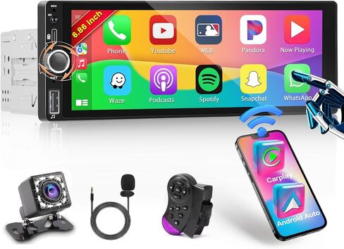 Wireless Carplay Single Din Radio with Android Auto, 6.86" Touch Screen Car Stereo with Bluetooth, SWC, Backup Camera, Mirror Link, FM/RDS, Fast Charging, USB Input in Saudi Arabia
