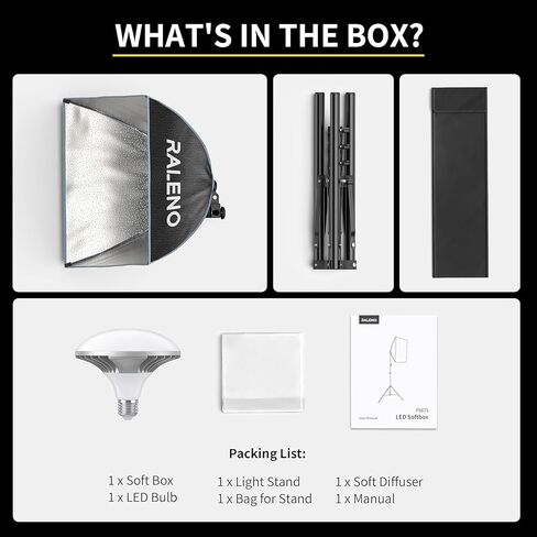 RALENO Softbox Lighting Kit, 16'' x 16'' Photography Studio Equipment with LED Bulb (50W | 5500K | 97 CRI | TLCI≥97), Continuous Lighting for Video Recording & Photography Shooting | Model: PS075 in Saudi Arabia