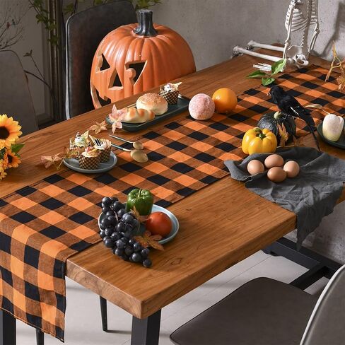 مفرش طاولة Tosewever Halloween Buffalo Check منقوش، مزيج من القطن والبوليستر، مفارش طاولة العشاء العائلية الكلاسيكية للحفلات الداخلية والخارجية والمناسبات المنزلية (برتقالي وأسود، 14 × 72 بوصة) in Kuwait