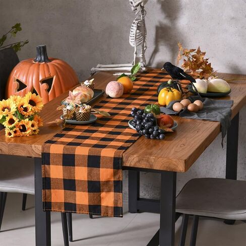 مفرش طاولة Tosewever Halloween Buffalo Check منقوش، مزيج من القطن والبوليستر، مفارش طاولة العشاء العائلية الكلاسيكية للحفلات الداخلية والخارجية والمناسبات المنزلية (برتقالي وأسود، 14 × 72 بوصة) in Kuwait