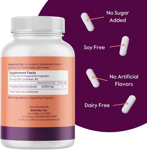 BESTVITE Creatine Monohydrate 750mg (240 Vegetarian Capsules) - Micronized - No Stearates - Vegan - Non GMO - No Gelatin - Gluten Free - Creatine Capsules in Saudi Arabia
