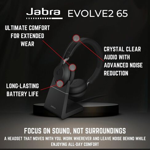 Jabra Evolve2 65 Flex UC Stereo Bluetooth Noise Cancelling Headphones, Link380a, Wireless Charger Compatible with Mac PC,Smartphones, Tablets - with Microfiber Cloth, Global Teck Gold Support Plan in Saudi Arabia