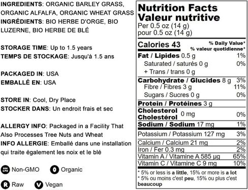 مزيج مسحوق العشب الفائق العضوي من الغذاء للعيش - مساحيق البرسيم المختلط وعشب الشعير وعشب القمح. غير معدّل وراثيًا، أطعمة نقية فائقة الجودة، نباتية، موافق للشريعة اليهودية، بكميات كبيرة. يمزج جيدا. مثالية للعصائر والمخفوقات in Kuwait