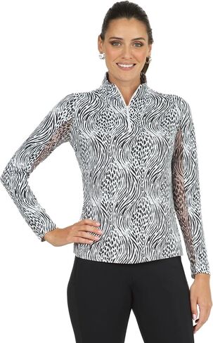 IBKUL Athleisure Wear واقي من الشمس UPF 50+ Icefil Cooling Tech Alena طباعة كم طويل رقبة وهمية - 10539 أسود / أبيض Alena XS in Kuwait