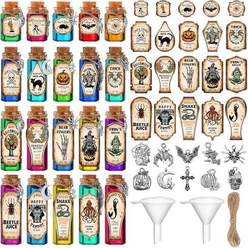 104 Pcs Halloween Potion Bottles with Cork Set Halloween Decorations Indoor Apothecary Bottles Decorations with Labels Stickers Charms Pendants Ropes and Funnels for Halloween Tiered Tray Decor in Saudi Arabia
