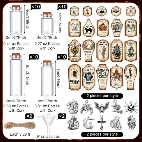 104 Pcs Halloween Potion Bottles with Cork Set Halloween Decorations Indoor Apothecary Bottles Decorations with Labels Stickers Charms Pendants Ropes and Funnels for Halloween Tiered Tray Decor in Saudi Arabia