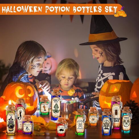 104 Pcs Halloween Potion Bottles with Cork Set Halloween Decorations Indoor Apothecary Bottles Decorations with Labels Stickers Charms Pendants Ropes and Funnels for Halloween Tiered Tray Decor in Saudi Arabia