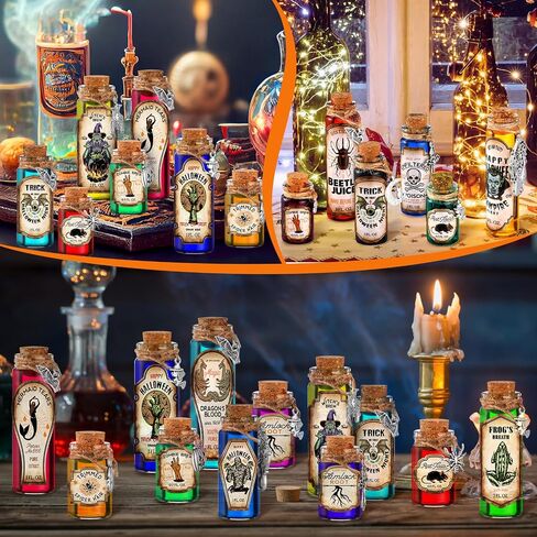104 Pcs Halloween Potion Bottles with Cork Set Halloween Decorations Indoor Apothecary Bottles Decorations with Labels Stickers Charms Pendants Ropes and Funnels for Halloween Tiered Tray Decor in Saudi Arabia