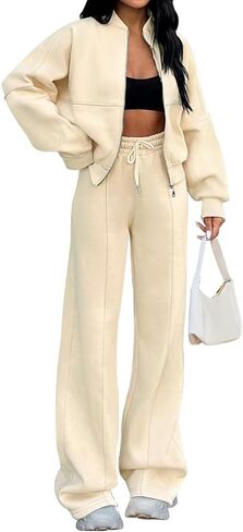 MEROKEETY طقم بدلات رياضية نسائية للخريف مكون من قطعتين وأكمام طويلة وسحاب وسروال واسع الساق أطقم صالة in Kuwait