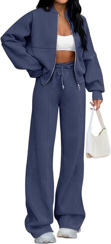 MEROKEETY طقم بدلات رياضية نسائية للخريف مكون من قطعتين وأكمام طويلة وسحاب وسروال واسع الساق أطقم صالة in Kuwait