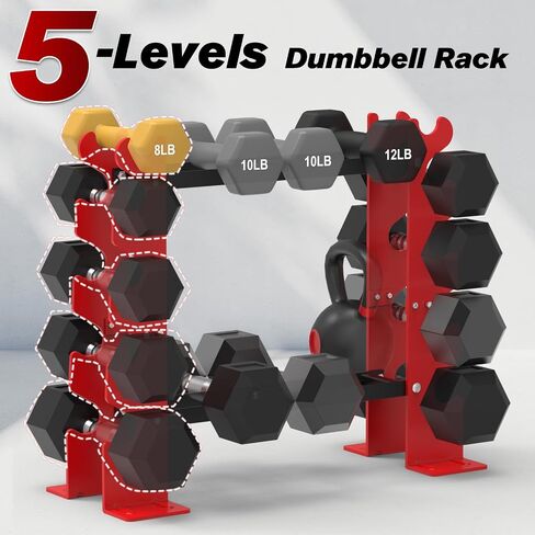 Dumbbell Rack Stand Only, Weight Rack for Dumbbells Strength Training Dumbbell Racks Red and Black 5 Tier 450LBS Capacity Weight Rack for Home Gym Weight Storage Organizer Racks, Suitable for 8-30 LBS in Kuwait