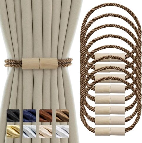 Curtain Tiebacks Magnetic Boho Curtain Holders for Drapes 8 Pack Rope Curtain Tie Backs for Curtains Wooden Window Treatment Holdbacks for Home Decorative Curtain, Khaki in Saudi Arabia