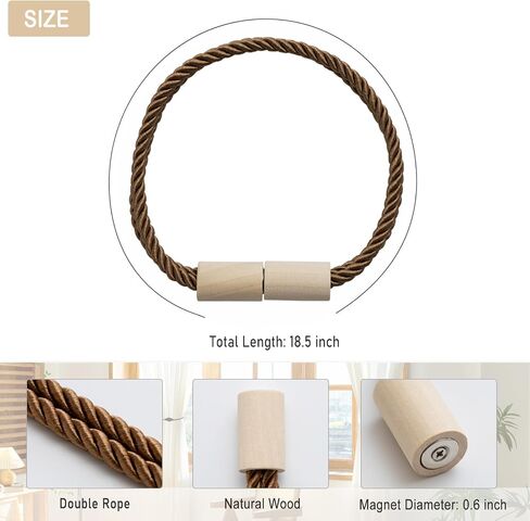 Curtain Tiebacks Magnetic Boho Curtain Holders for Drapes 8 Pack Rope Curtain Tie Backs for Curtains Wooden Window Treatment Holdbacks for Home Decorative Curtain, Khaki in Saudi Arabia