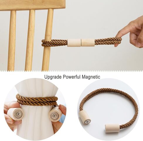Curtain Tiebacks Magnetic Boho Curtain Holders for Drapes 8 Pack Rope Curtain Tie Backs for Curtains Wooden Window Treatment Holdbacks for Home Decorative Curtain, Khaki in Saudi Arabia