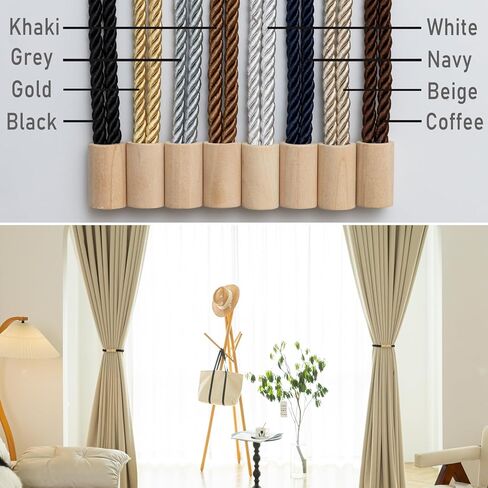 Curtain Tiebacks Magnetic Boho Curtain Holders for Drapes 8 Pack Rope Curtain Tie Backs for Curtains Wooden Window Treatment Holdbacks for Home Decorative Curtain, Khaki in Saudi Arabia