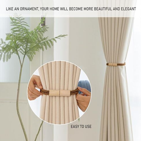 Curtain Tiebacks Magnetic Boho Curtain Holders for Drapes 8 Pack Rope Curtain Tie Backs for Curtains Wooden Window Treatment Holdbacks for Home Decorative Curtain, Khaki in Saudi Arabia