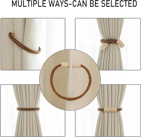 Curtain Tiebacks Magnetic Boho Curtain Holders for Drapes 8 Pack Rope Curtain Tie Backs for Curtains Wooden Window Treatment Holdbacks for Home Decorative Curtain, Khaki in Saudi Arabia