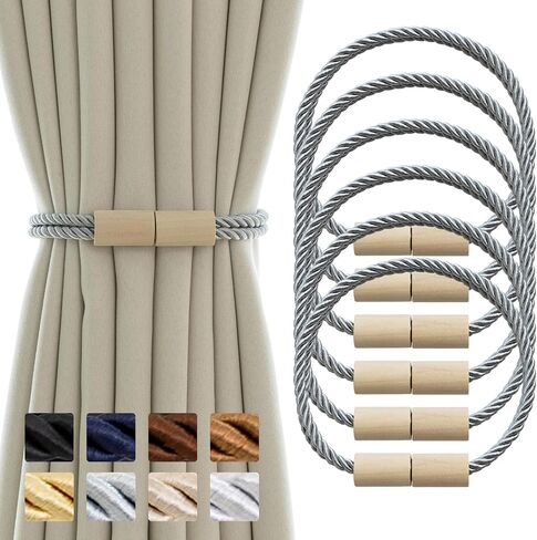 Curtain Tiebacks Magnetic Boho Curtain Holders for Drapes 8 Pack Rope Curtain Tie Backs for Curtains Wooden Window Treatment Holdbacks for Home Decorative Curtain, Khaki in Saudi Arabia
