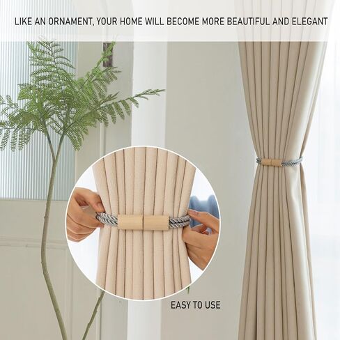 Curtain Tiebacks Magnetic Boho Curtain Holders for Drapes 8 Pack Rope Curtain Tie Backs for Curtains Wooden Window Treatment Holdbacks for Home Decorative Curtain, Khaki in Saudi Arabia