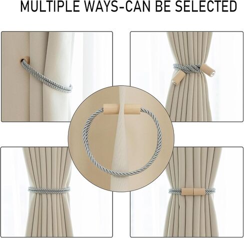 Curtain Tiebacks Magnetic Boho Curtain Holders for Drapes 8 Pack Rope Curtain Tie Backs for Curtains Wooden Window Treatment Holdbacks for Home Decorative Curtain, Khaki in Saudi Arabia
