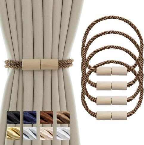 Curtain Tiebacks Magnetic Boho Curtain Holders for Drapes 8 Pack Rope Curtain Tie Backs for Curtains Wooden Window Treatment Holdbacks for Home Decorative Curtain, Khaki in Saudi Arabia