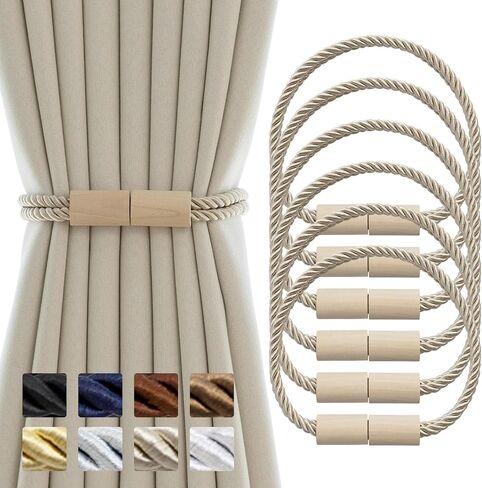 Curtain Tiebacks Magnetic Boho Curtain Holders for Drapes 8 Pack Rope Curtain Tie Backs for Curtains Wooden Window Treatment Holdbacks for Home Decorative Curtain, Khaki in Saudi Arabia