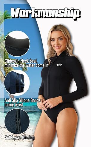 Wetsuit Women 3mm Neoprene, Shorty Wet Suit for Women Cold Water Swimming Long Sleeve Diving Suits with Front Zipper UV Protection for Swimming Diving Snorkeling in Saudi Arabia