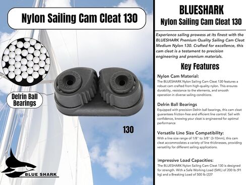 BLUESHARK Nylon Sailing Cam Cleat 130 for Line Sizes 1/8" in to 3/8" in (3-10mm) | 200 lb Safe Working Load 500 lb Breaking Load | Premium Quality in Saudi Arabia