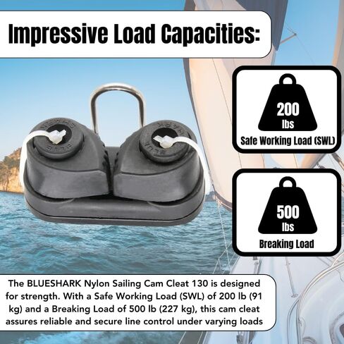 BLUESHARK Nylon Sailing Cam Cleat 130 for Line Sizes 1/8" in to 3/8" in (3-10mm) | 200 lb Safe Working Load 500 lb Breaking Load | Premium Quality in Saudi Arabia