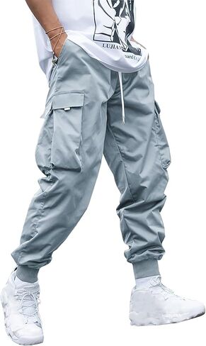 WZIKAI Men's Casual Cargo Pants Elastic Waist Drawstring Tapered Pants Athletic Techwear Joggers Pants with Flap Pockets in Kuwait