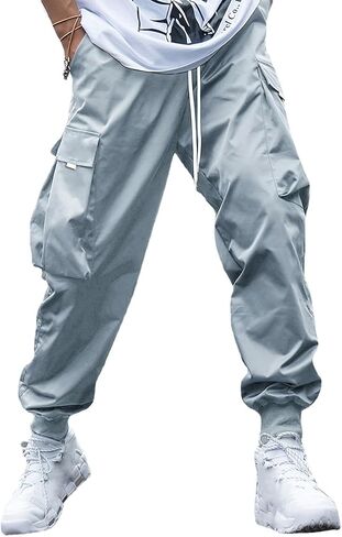 WZIKAI Men's Casual Cargo Pants Elastic Waist Drawstring Tapered Pants Athletic Techwear Joggers Pants with Flap Pockets in Kuwait