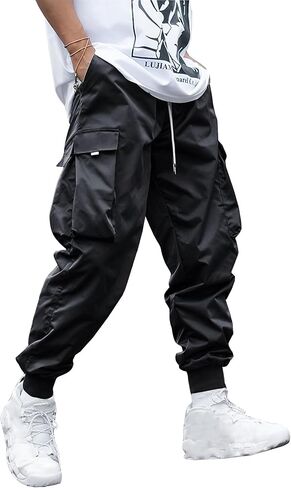 WZIKAI Men's Casual Cargo Pants Elastic Waist Drawstring Tapered Pants Athletic Techwear Joggers Pants with Flap Pockets in Kuwait