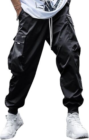 WZIKAI Men's Casual Cargo Pants Elastic Waist Drawstring Tapered Pants Athletic Techwear Joggers Pants with Flap Pockets in Kuwait