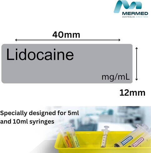Lidocaine mg/ml Anesthetic Syringe Labels - Box of 800 Labels on roll (1"" core) in Box. Printed in Australia by Specialist Medical Printer. Latex-Free Adhesive., Black Type on Grey Paper in Saudi Arabia