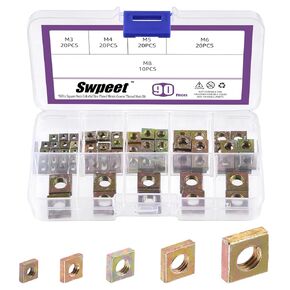 Swpeet 90Pcs 5 Sizes M3 M4 M5 M6 M8 304 Stainless Steel Metric Coarse Thread Square Nuts Assortment Kit, Machine Screw Nuts Metric Coarse Thread for Home Automotive Shop Use